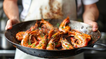 A man holds a frying pan filled with sizzling shrimp, cooking them over a dark stovetop