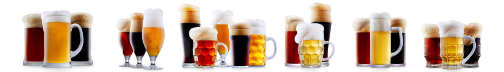 Set of beer cocktails with foam isolated on white background