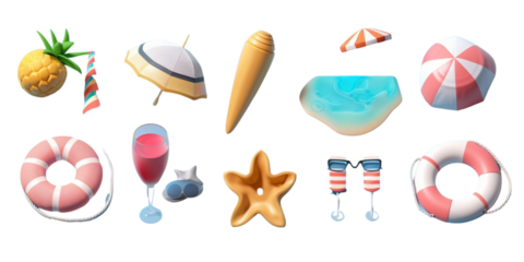 Summer elements 3d icon set clipart isolated white on background