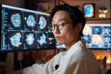 Developer testing AI applications with code and data analytics displayed on multiple monitors