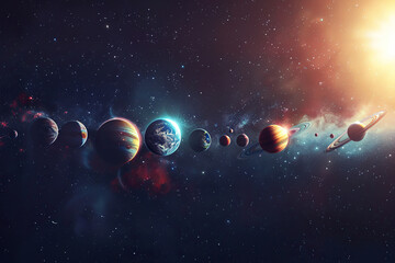 Naklejka premium Generative ai on theme of parade of planets in solar system, bright stars glow in atmosphere