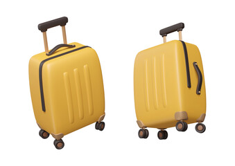 3d luggage in different angles. Travel bag on wheels. Plastic suitcase render. Cartoon tourism element isolated on white background. Vector illustration.