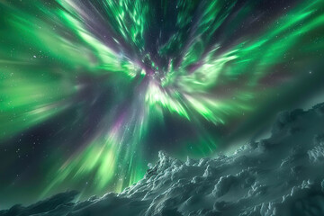 Generative ai on theme of beautiful northern lights, bright aurora borealis winter in atmosphere