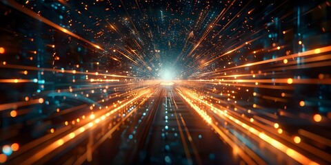 Obraz premium Image depicts fastmoving lights in dark background resembling futuristic cityscape. Concept Futuristic Technology, Light Trails, Urban Night Scene