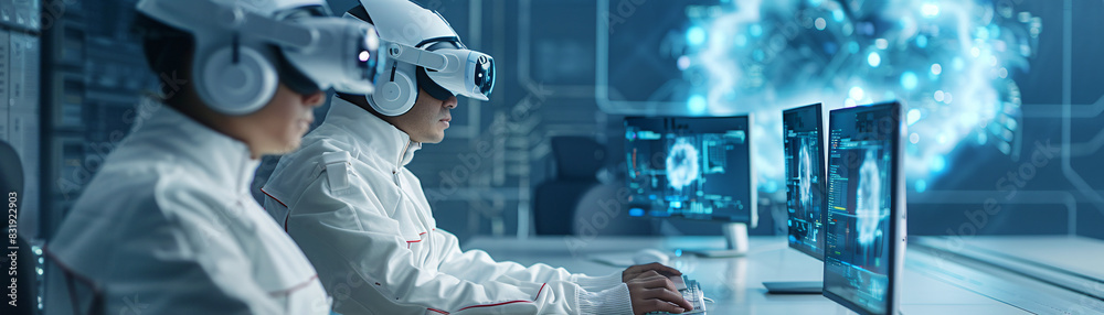 Poster team of scientists exploring ai innovations with advanced computer setups and vr elements