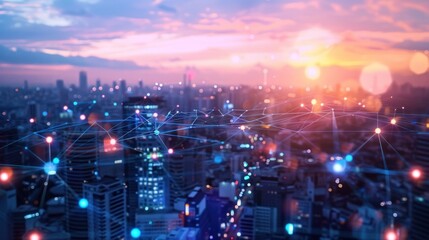 Fototapeta premium Network technology and interconnection covered in the background of the city