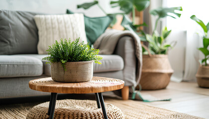 Wooden coffee table with with houseplant and wicker basket near