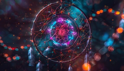 Design a mesmerizing Digital Dream Catcher with neon colors, glowing effects, and a cyberpunk aesthetic
