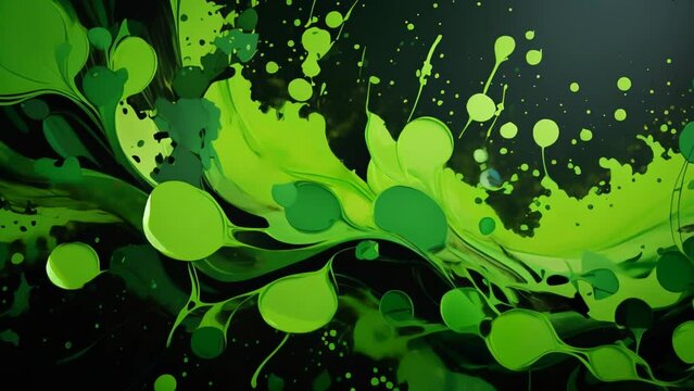 Dynamic splash of vibrant green ink swirling against a dark background, creating a striking contrast. The flowing curves and droplets add a sense of motion and energy.