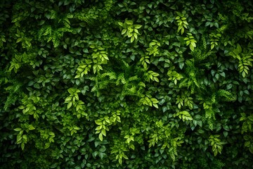 A dense, lush green foliage background with dark and moody lighting. The leaves create an intricate pattern of textures and shapes, creating depth in the visual composition.