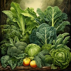 Intricate watercolor painting of leafy green vegetables