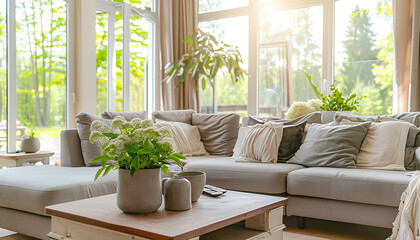 Interior of light living room with grey sofas, coffee table and