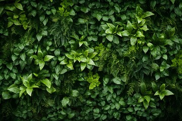 Obraz premium A dense, lush green foliage background with dark and moody lighting. The leaves create an intricate pattern of textures and shapes, creating depth in the visual composition.