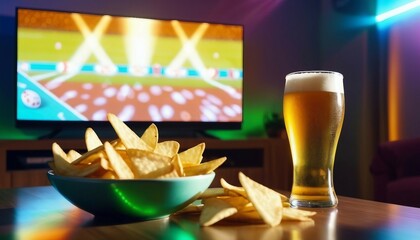 glass of Beer and bowl of chips set on football match tv background at home	
