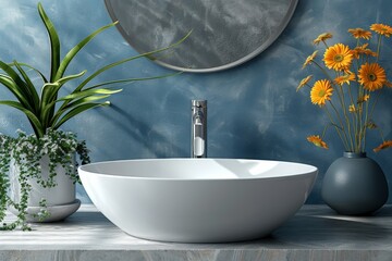 Elegant bathroom featuring a freestanding bathtub, round mirror, and green plant decor against a blue wall, offering a modern and serene retreat