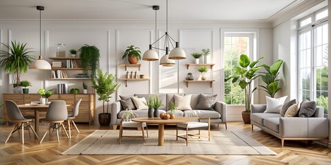 The interior design of a living room in Scandinavian style, a bright and light interior of a modern house with high ceilings, stylish furniture and decorative plants