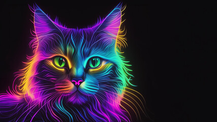 Glowing neon rainbow cat line design on black background