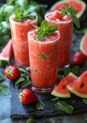 Watermelon Smoothie - Bright red with watermelon chunks and a sprig of mint. 