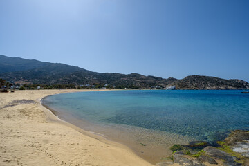 View of one of the most beautiful beaches of Greece, the sandy beach of Mylopotas in Ios cyclades Greece