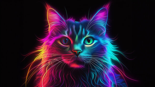 Glowing neon rainbow cat on black background