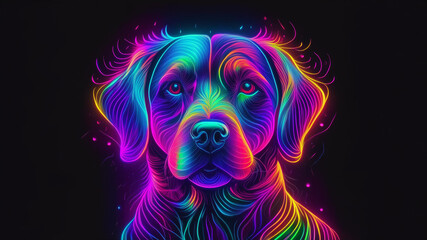 glowing neon rainbow labrador retriever dog on black background