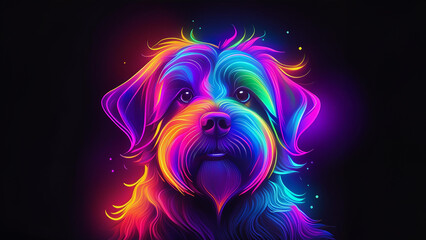glowing neon fluffy dog on black background