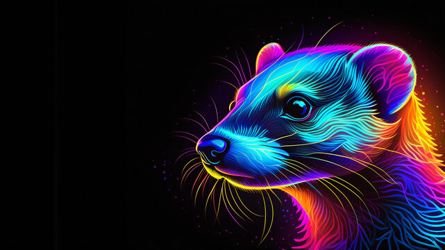 Glowing neon rainbow ferret line design on black background