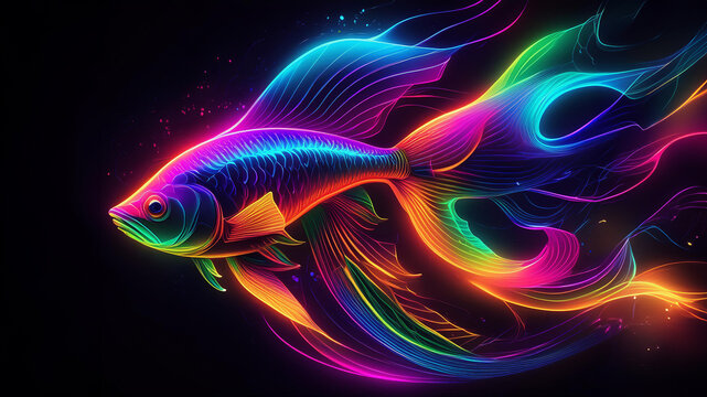 Glowing neon rainbow fish line design on black background