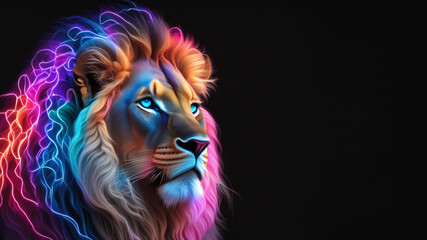 Majestic neon light glowing lion on black background