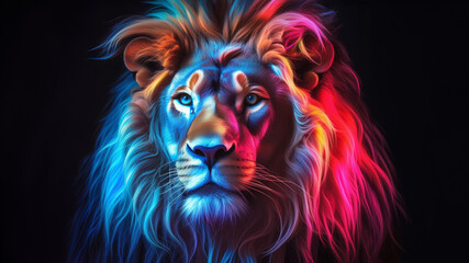 Majestic neon light glowing lion on black background