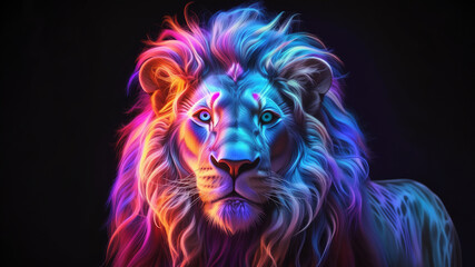 Majestic neon light glowing lion on black background