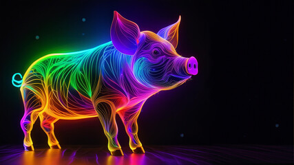 Glowing neon rainbow pig on black background
