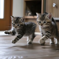 Fototapeta premium Cute fluffy kittens are playing, jumping on the floor in the room. Pets.