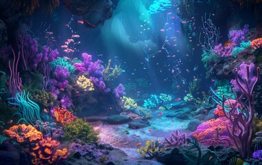 Construct a virtual coral reef teeming with bioluminescent sea creatures, Blend vibrant colors and intricate details for a visually captivating scene