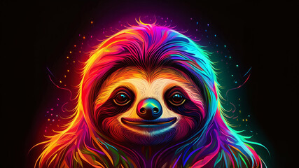 glowing neon rainbow sloth on black background