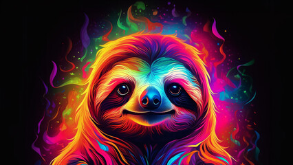  neon light glowing sloth on black background