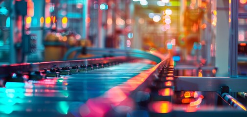 Advanced production lines in manufacturing plant close up, focus on, copy space, vibrant colors, Double exposure silhouette with conveyor belts