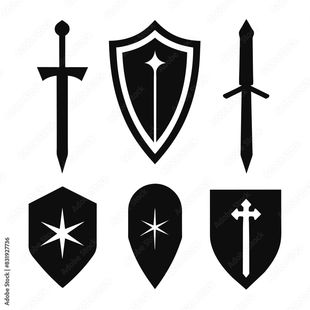 Wall mural Set of black outline sword and shield icon vector design - Wall murals