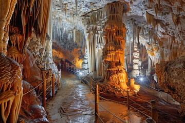 Generative ai on theme of a large beautiful sharp stalactites hanging down from deep mountain cave
