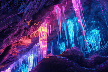 Generative ai on theme of a large beautiful sharp stalactites hanging down from deep mountain cave