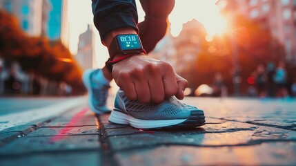 Wearable fitness tracker with wearable smart technology: a man exercising cardio and monitoring his heart rate with a sports watch. running shoes in grey on a city street.
