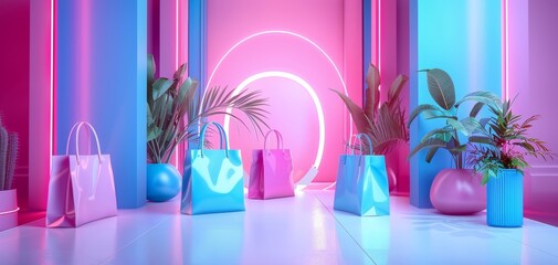 Vibrant neon shopping scene with colorful bags and plants, capturing a modern and lively retail ambiance with pink and blue lighting.