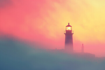 Generative ai on theme of large retro lighthouse with beam of bright light shining out to blue sea