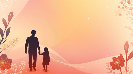 Fototapeta premium An elegant Father's Day background with an illustration of a father and child holding hands, set against a soft gradient backdrop with decorative elements and space for text.