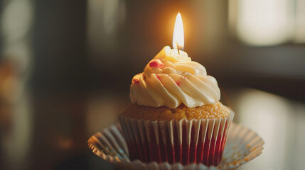 A macro shot of a cupcake with a single candle, focusing on the frosting and flame.