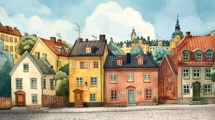 Fototapeta premium Cute seamless old town pattern. Watercolor illustration. Cute watercolor houses, European streets