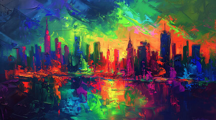 Obraz premium Vibrant cityscape in neon hues against a dark sky, surrealistic oil painting,