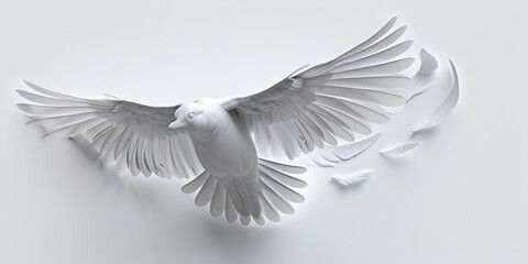 Fototapeta premium A white bird flying through the air, A white dove with wings spread, White pigeon on white background. 