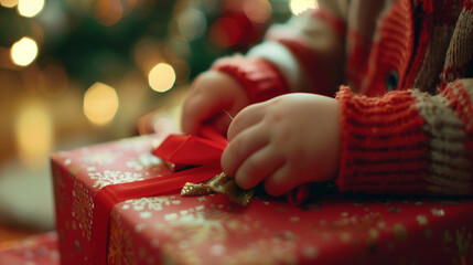 A close-up of a child's hands opening a gift, showing the excitement and unwrapping process.