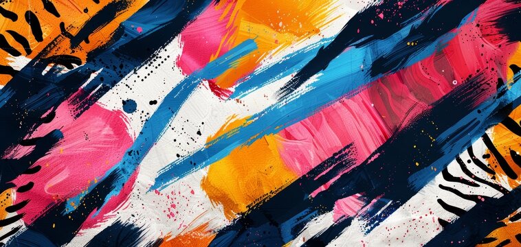 Vibrant abstract painting with bold brush strokes in blue, pink, white, and orange colors, ideal for modern decor and design inspiration.